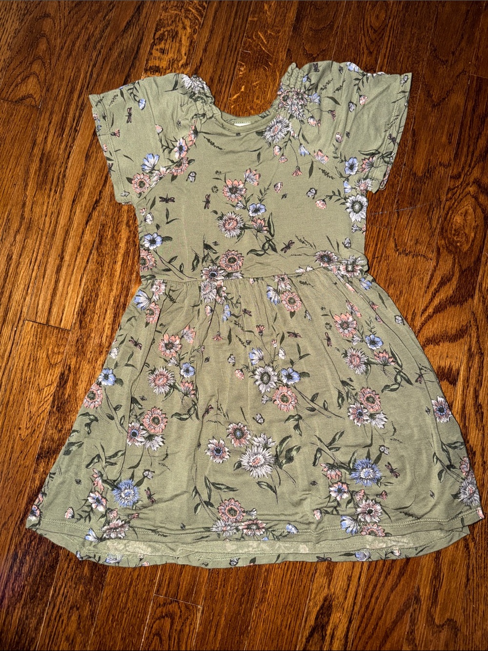 Girls' Olive Green Floral Short-Sleeve Dress